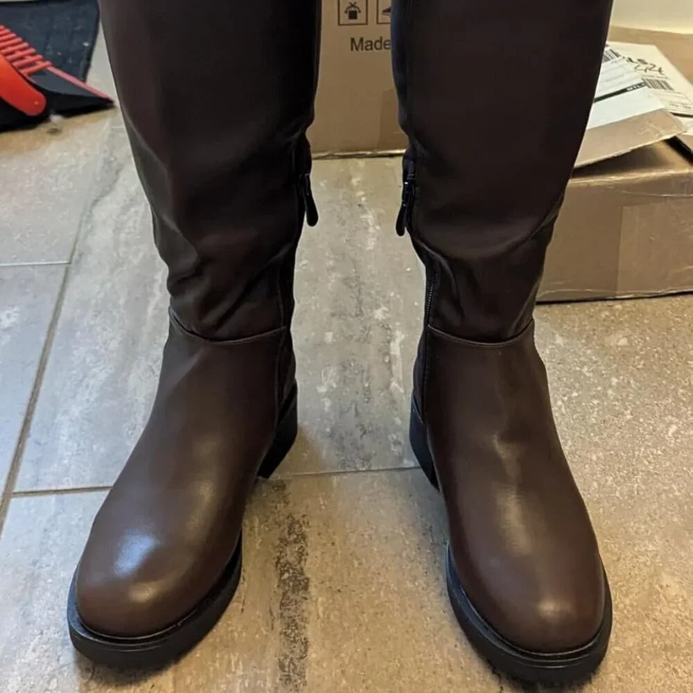🆕Women Brown-pu Knee High Comfortable Thigh High Daily Low Flat Heel Long Boot